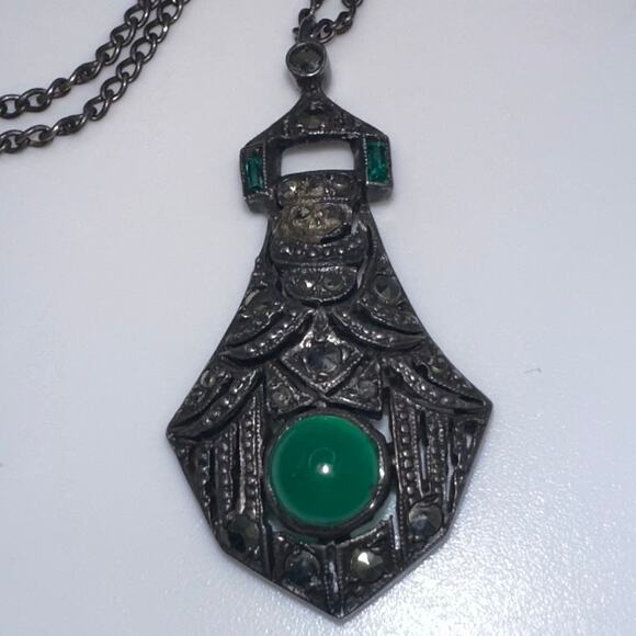 Antique French Art Deco sterling silver genuine chrysoprase marcasite necklace - Picture 4 of 10
